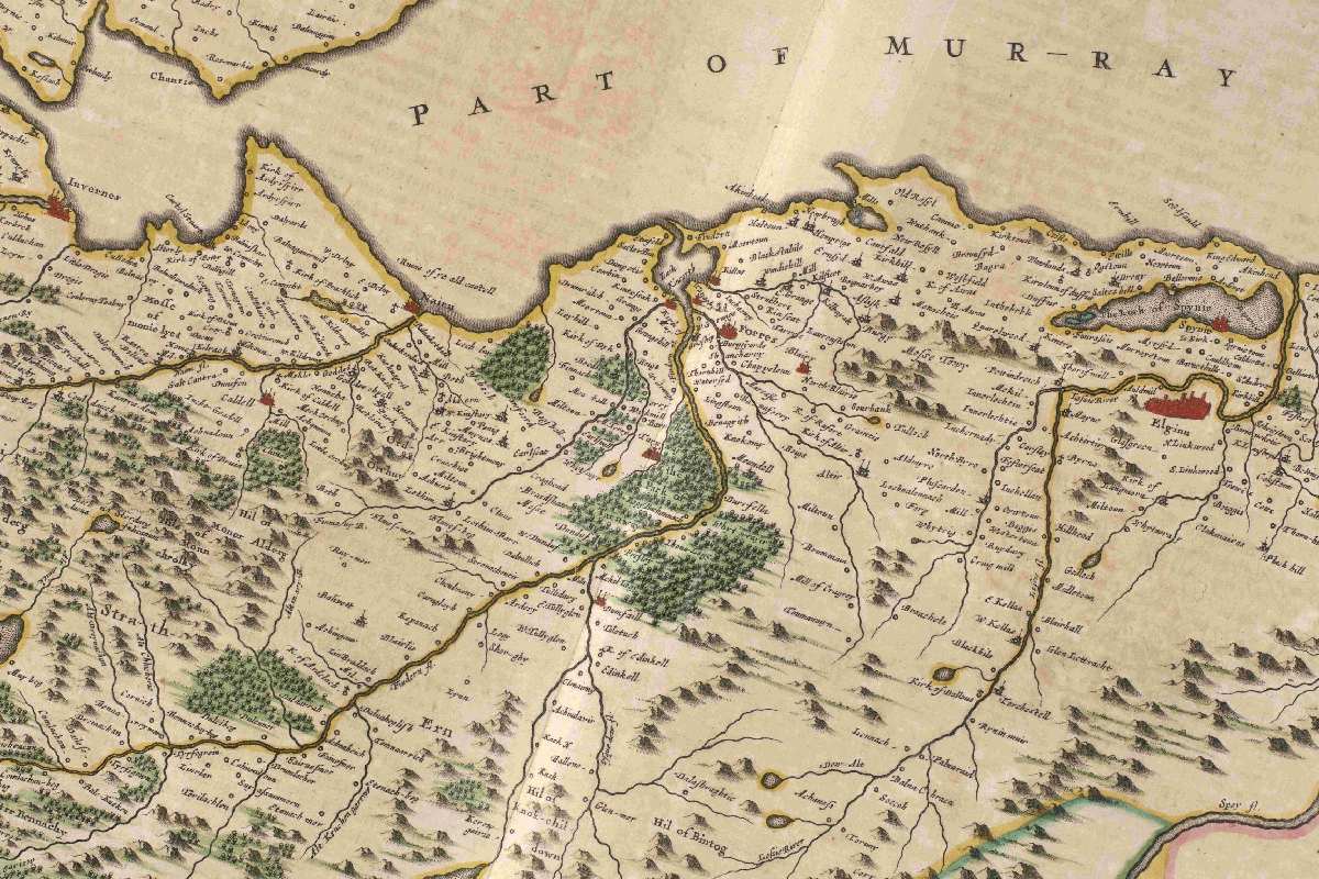 A historical map presenting Scotland, exhibiting its terrain, cities, and significant landmarks.